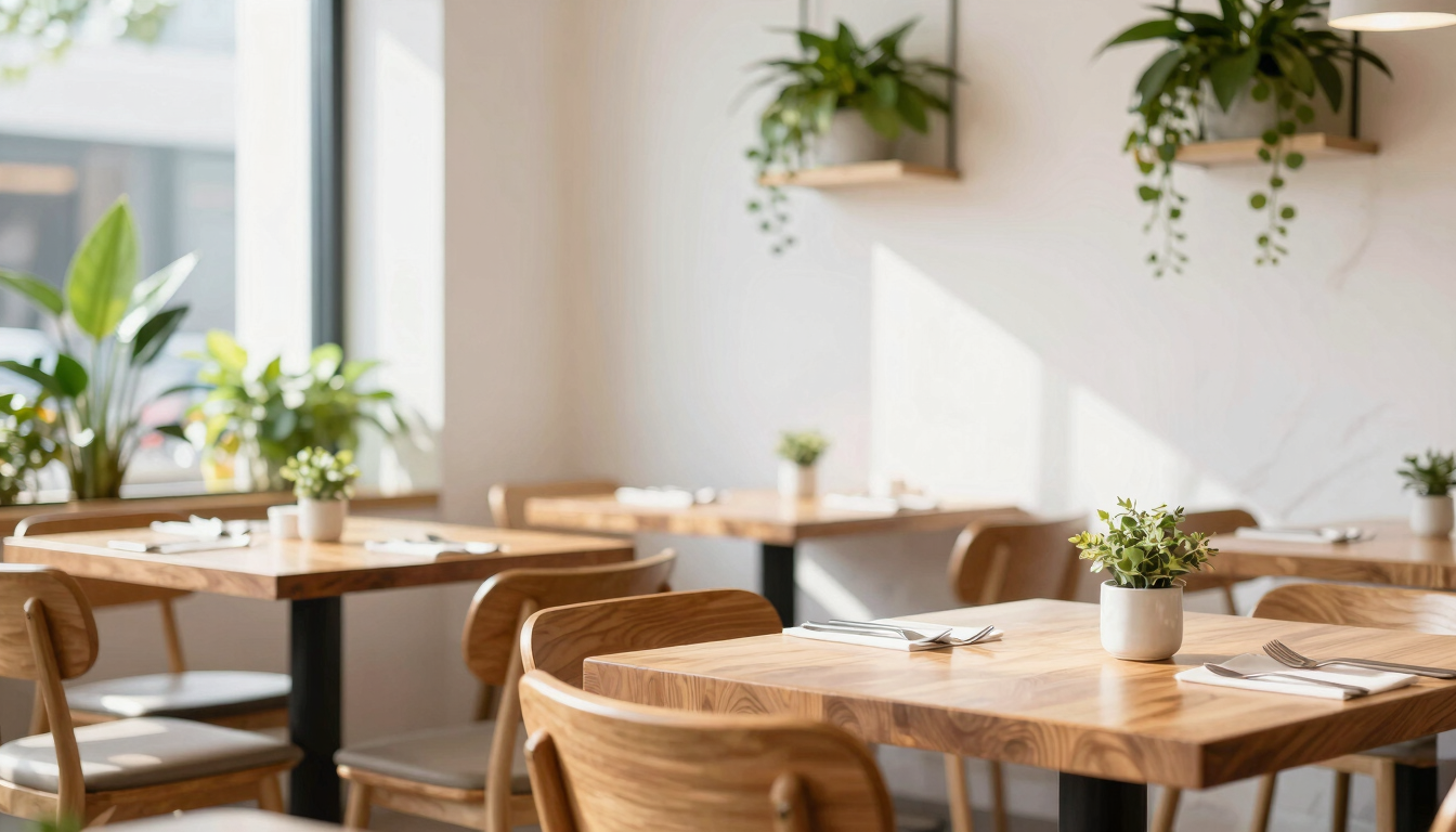 A vertical portrait of a modern, sunlit restaurant interior with natural light, empty wooden tables, and green plants against clean white walls, bright editorial style.