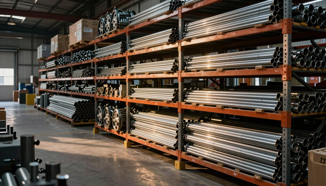 Wide panoramic shot of an organized industrial supply warehouse, racks of steel pipes and mechanical components, dramatic high-contrast side lighting with warm golden highlights.