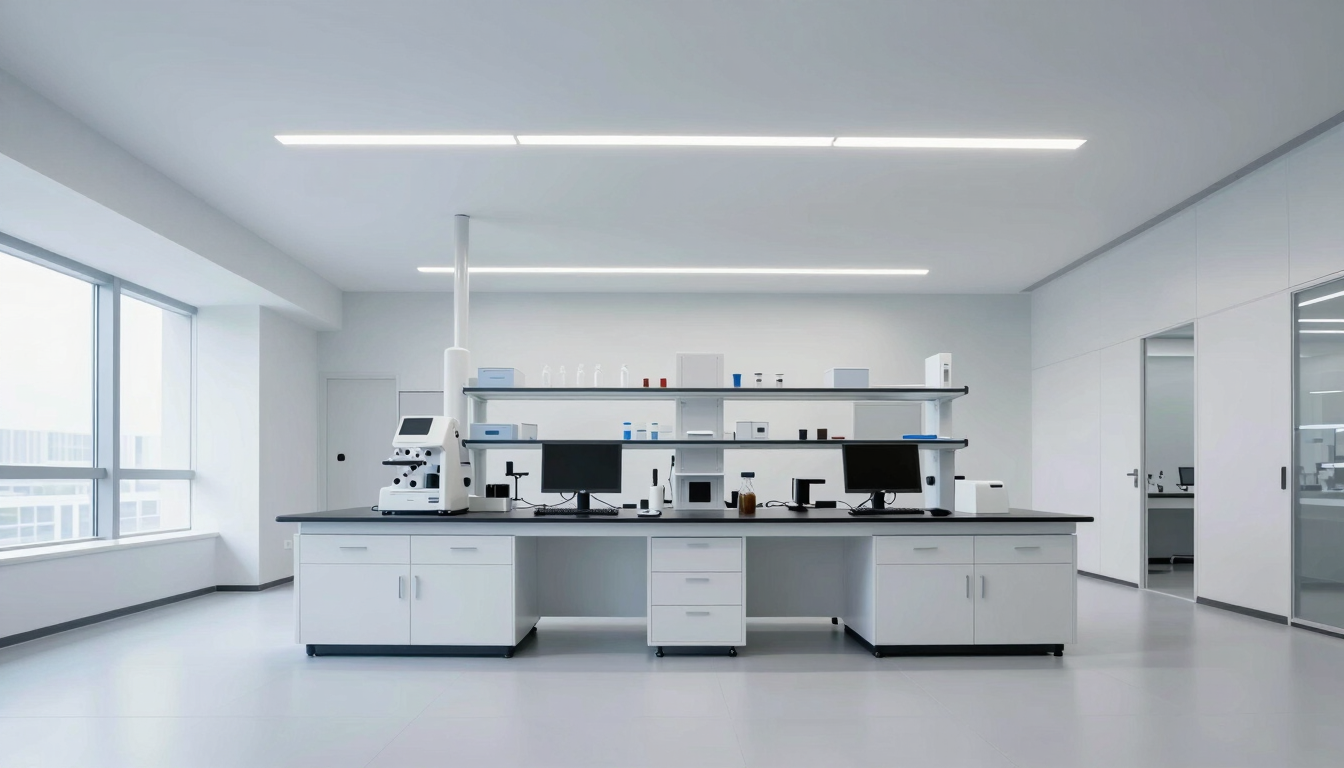 Bright architectural photography of a pristine high-tech laboratory with clean minimalist interiors, cool neutral tones, sharp focus, 35mm.