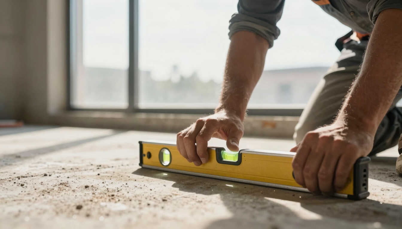 Low-angle close-up of a craftsman using a level on a concrete subfloor, warm daylight streaming through a large window, dust-free environment