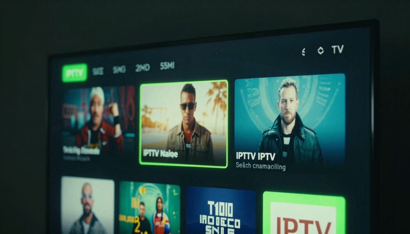 Close-up of a sleek smart TV interface displaying a modern IPTV setup screen, glowing neon green accents, low-key ambient lighting, highly technical