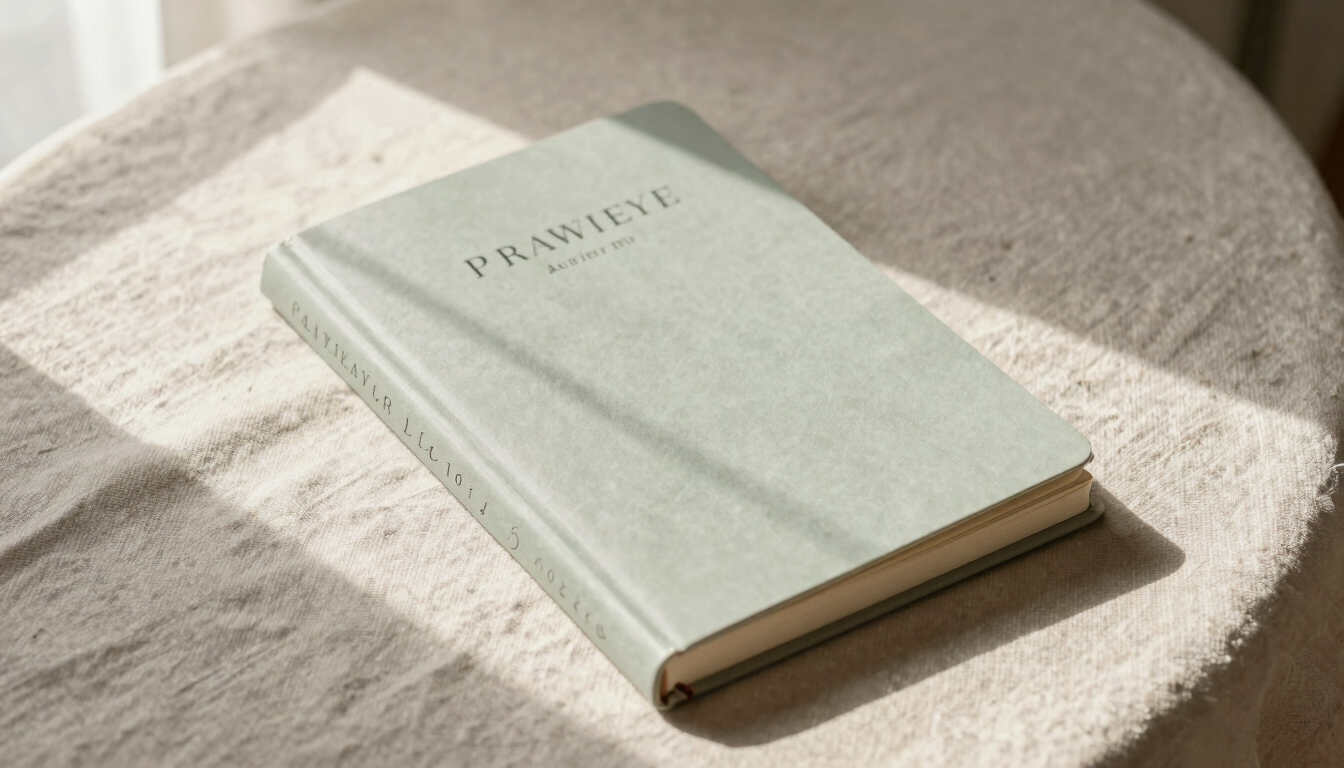 Top-down flat-lay of printed prayer journals on a textured linen tablecloth, soft morning light, warm shadows