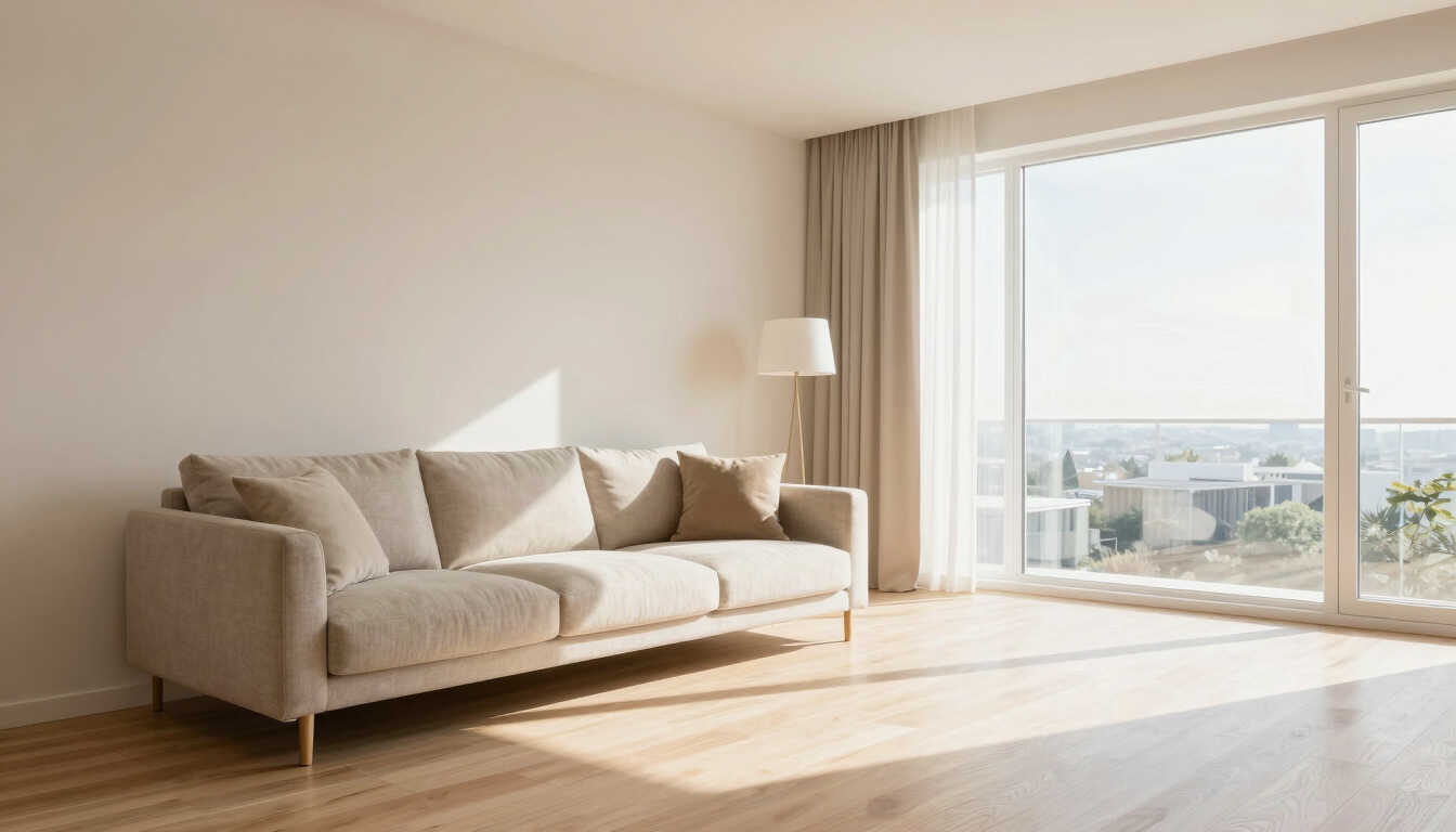 Pristine modern apartment living room, warm champagne accents, elegant wooden floor, bright natural daylight, editorial interior photography style