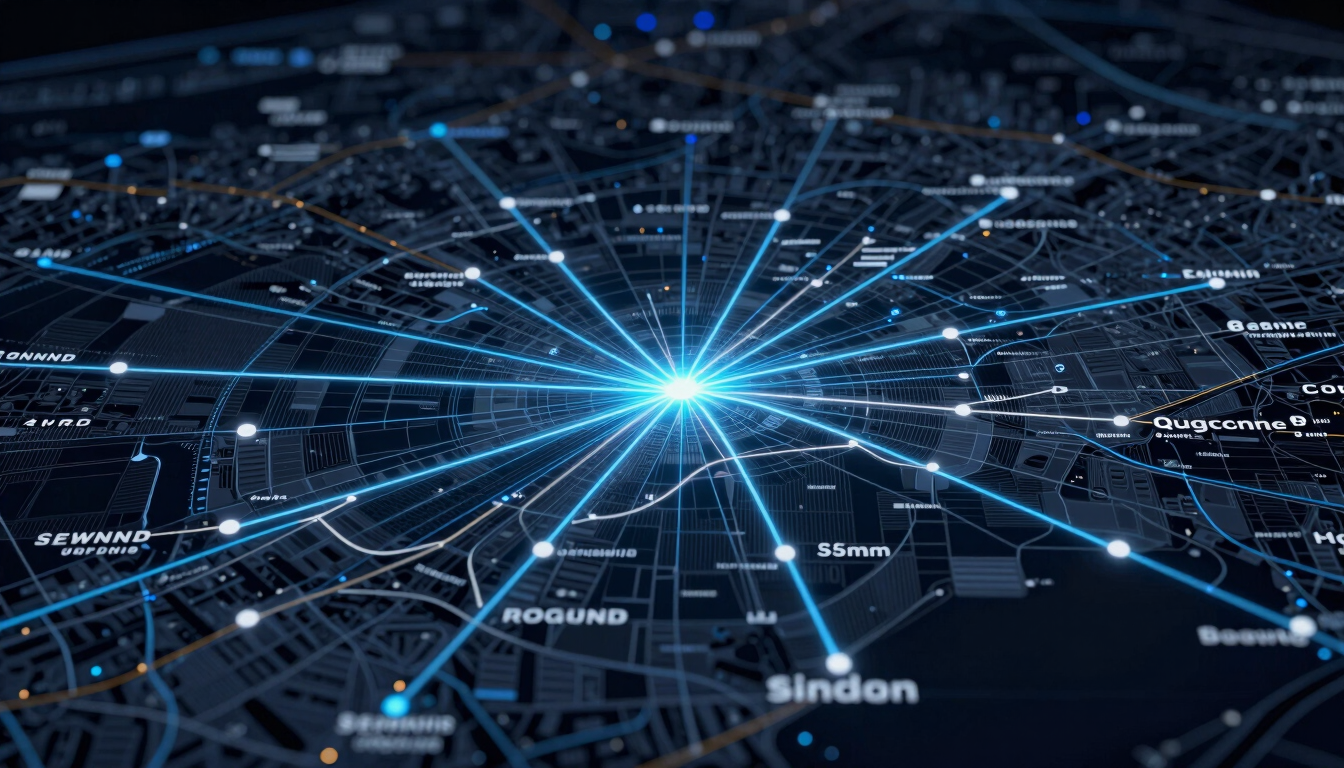 Sleek tech editorial photography of a dark glowing digital map showing logistics routes across London, New York, and Sydney, cool ambient studio lighting, electric blue accents, sharp focus, 35mm.