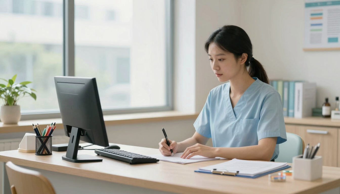 A bright, organized administrative workspace in a pediatric clinic, soft natural window light, calming sage accents