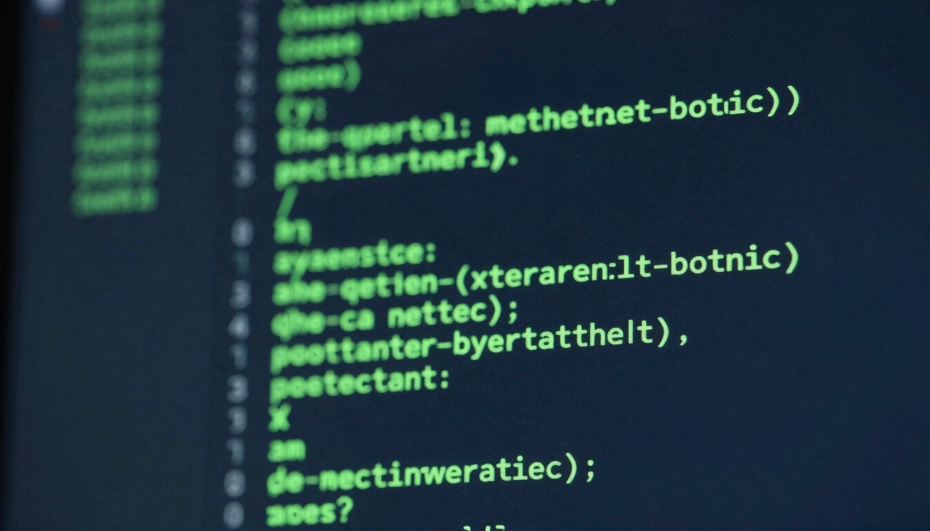 Macro shot of a dark-mode computer screen showing lines of green parsing code, neon green accents, sharp focus, 35mm lens.