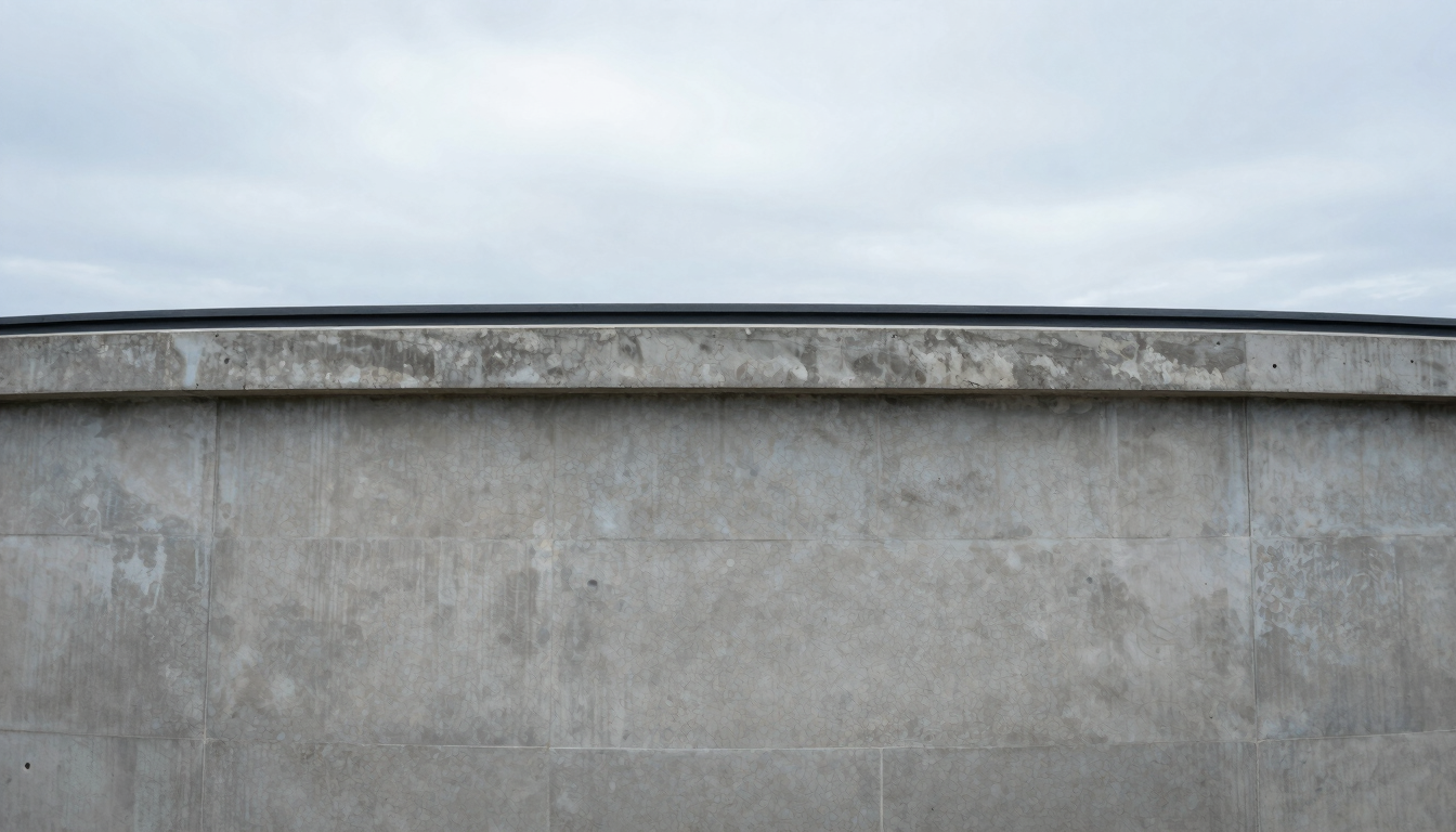 Top-down architectural elevation of a concrete water treatment basin, sharp technical focus, cool overcast daylight, desaturated gray and soft blue tones.