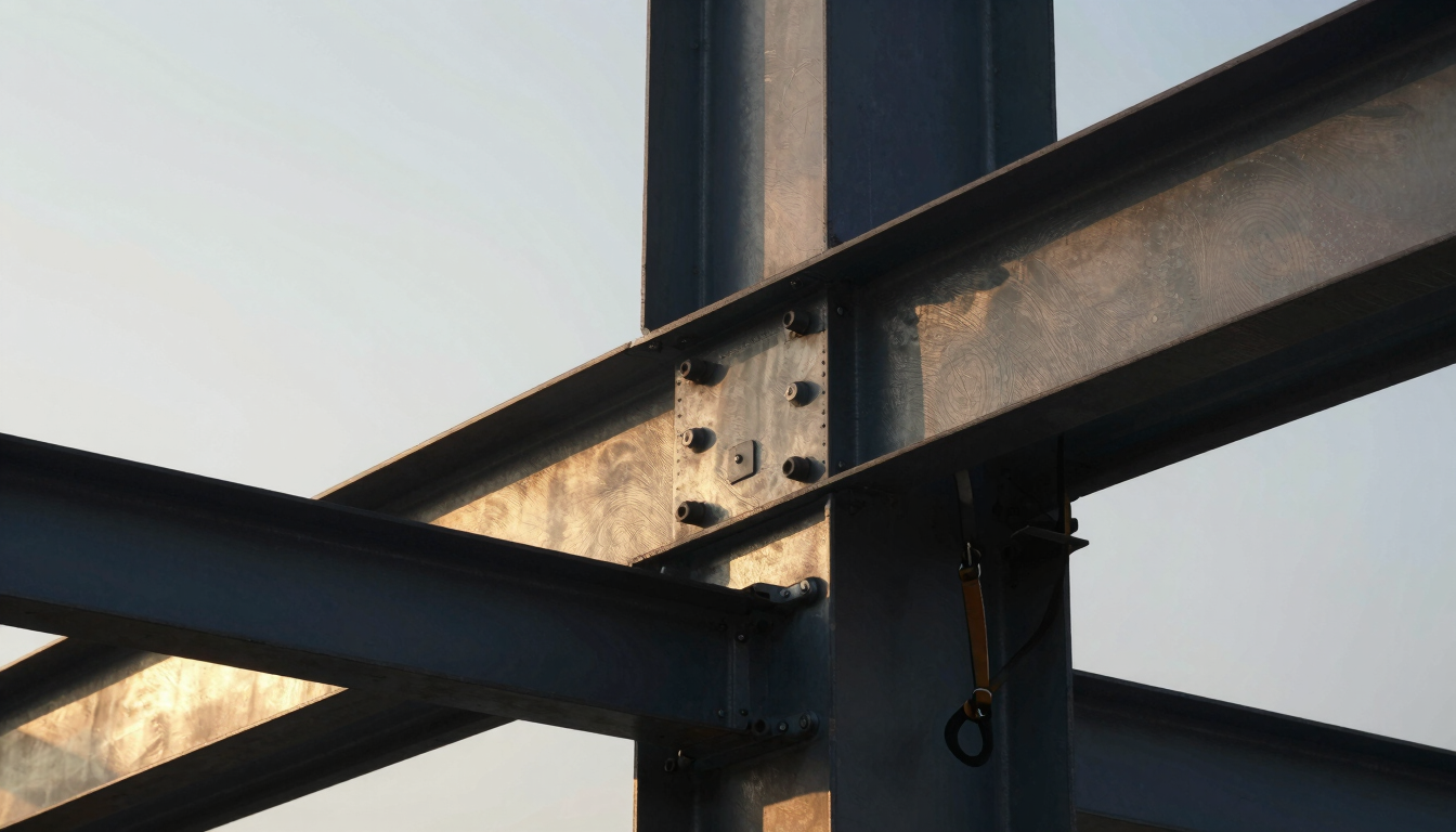 Tight macro shot of structural steel joints with a safety harness anchored securely, golden hour light reflecting off steel textures.