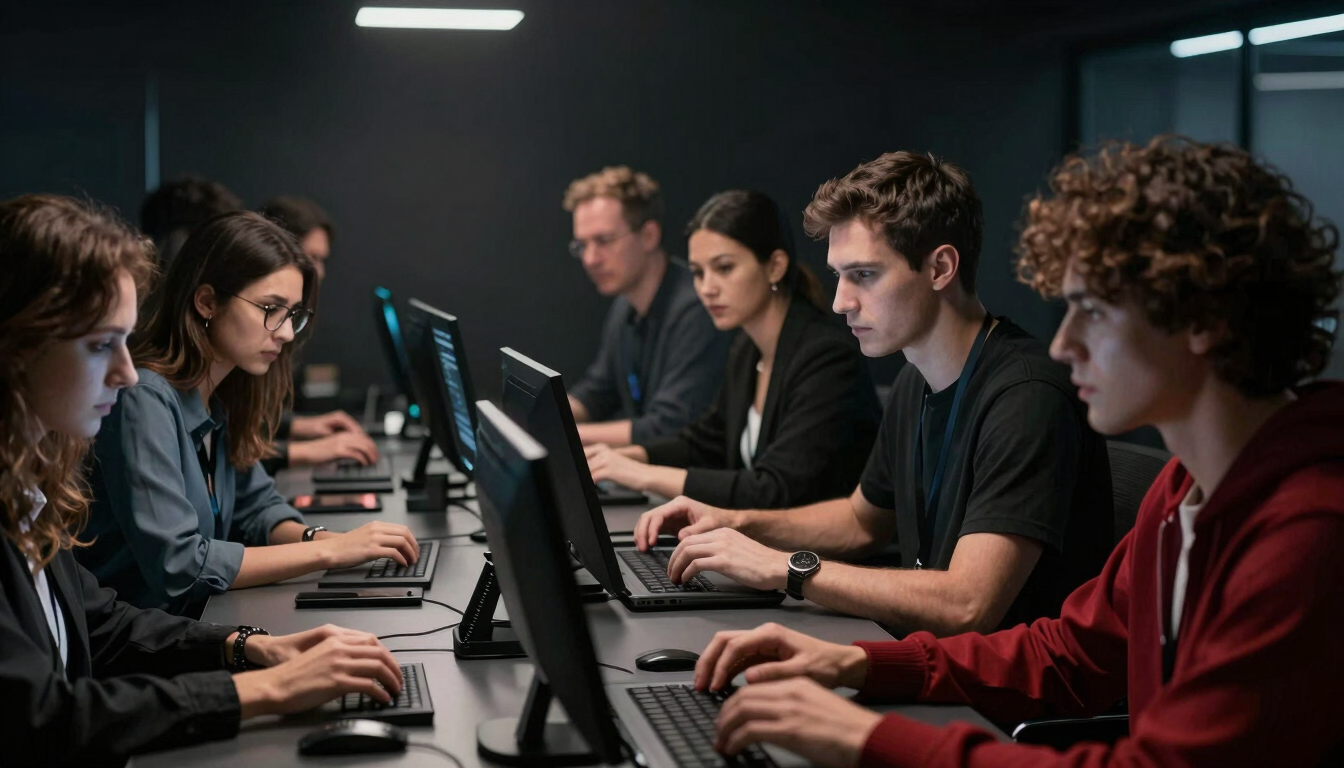 A serious community training environment with focused diverse adults learning cybersecurity, dramatic low-key rim lighting, cinematic 35mm lens