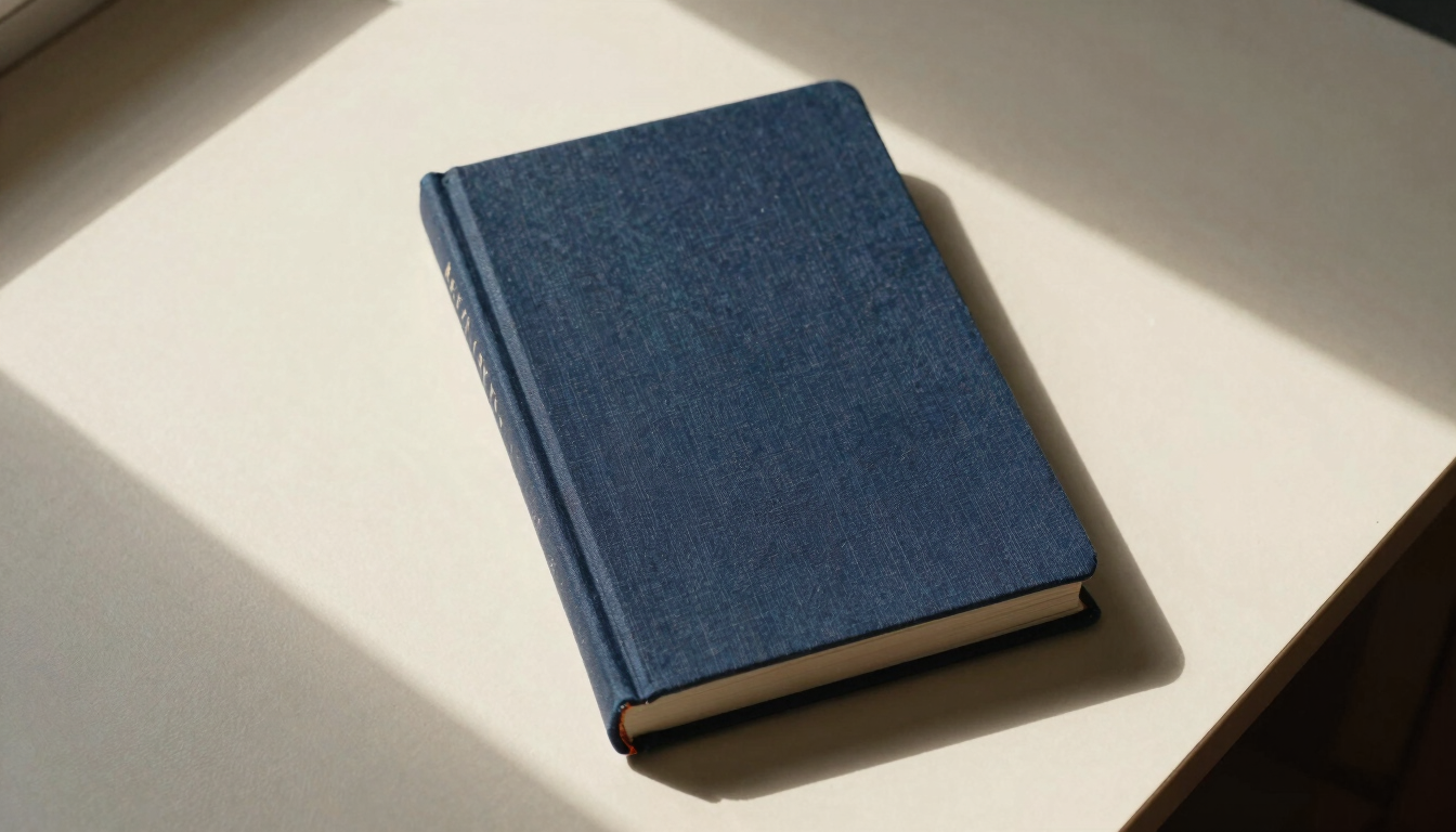 Overhead flat-lay of a heavy cloth-bound textbook on a textured cream desk, sharp window light casting deep shadows, warm editorial tone, 35mm.
