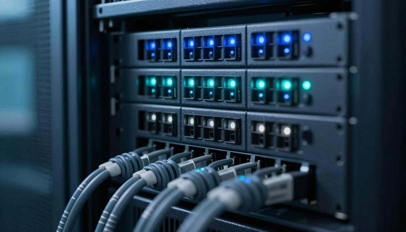 Close-up macro of clean server rack cabling with cold blue and cyber-teal indicator lights, sharp focus, professional IT infrastructure, 35mm lens.