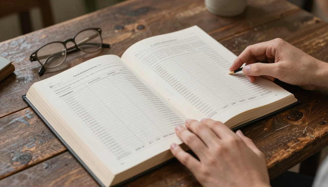 Primer plano de manos examinando un libro contable y métricas operativas sobre una mesa de madera rústica.