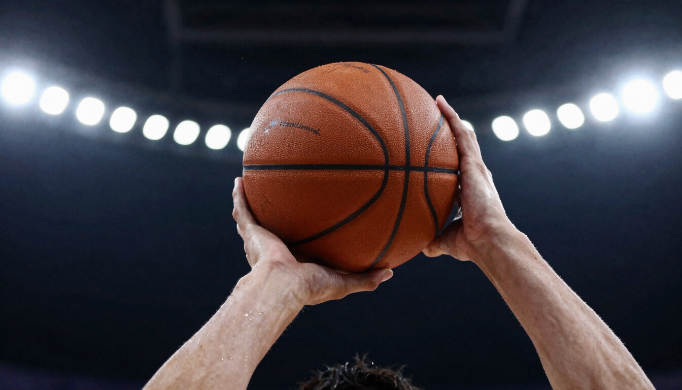 Close-up shot of a male athlete's hands gripping a basketball, sweat glistening under dramatic overhead gym lighting, high-contrast athletic editorial.