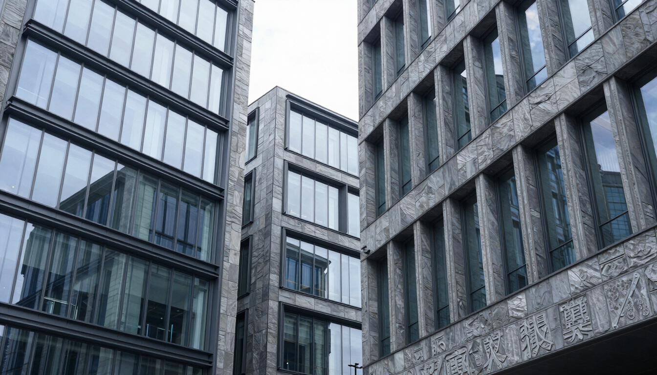 Architectural lines of a modern slate-gray corporate building interior, clean glass and steel grids, bright cool-toned daylight.
