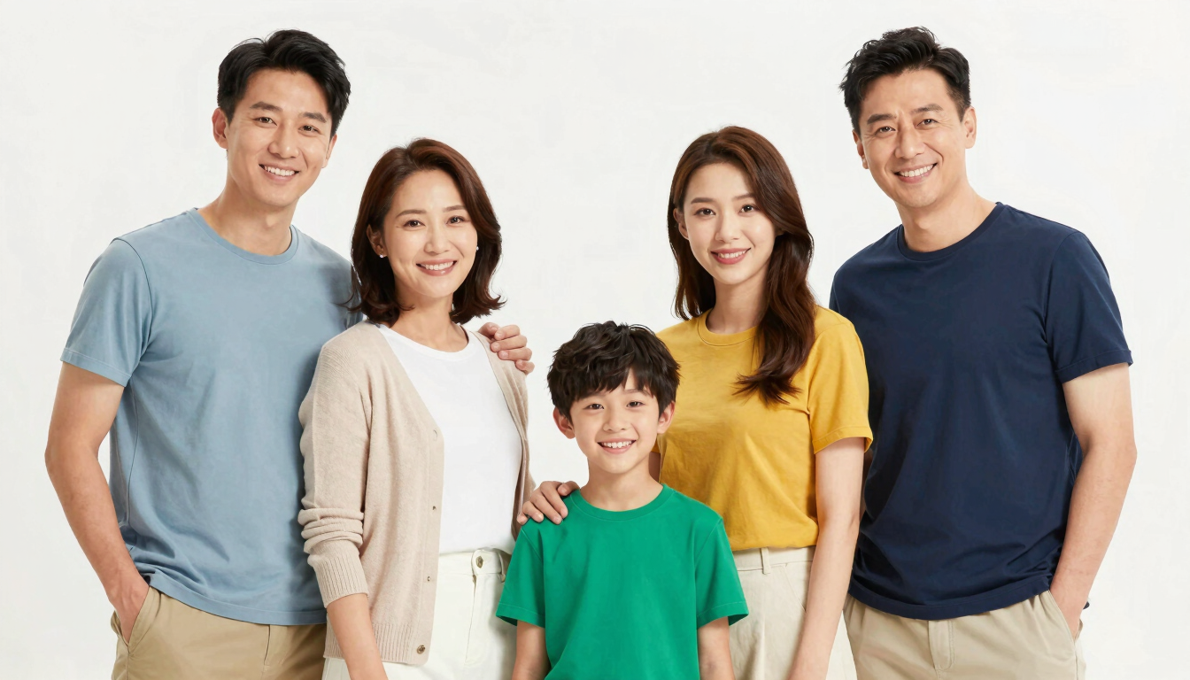 Bright commercial photography of a family smiling together in coordinated modern outfits, clean white studio backdrop, high-key lighting, sharp focus