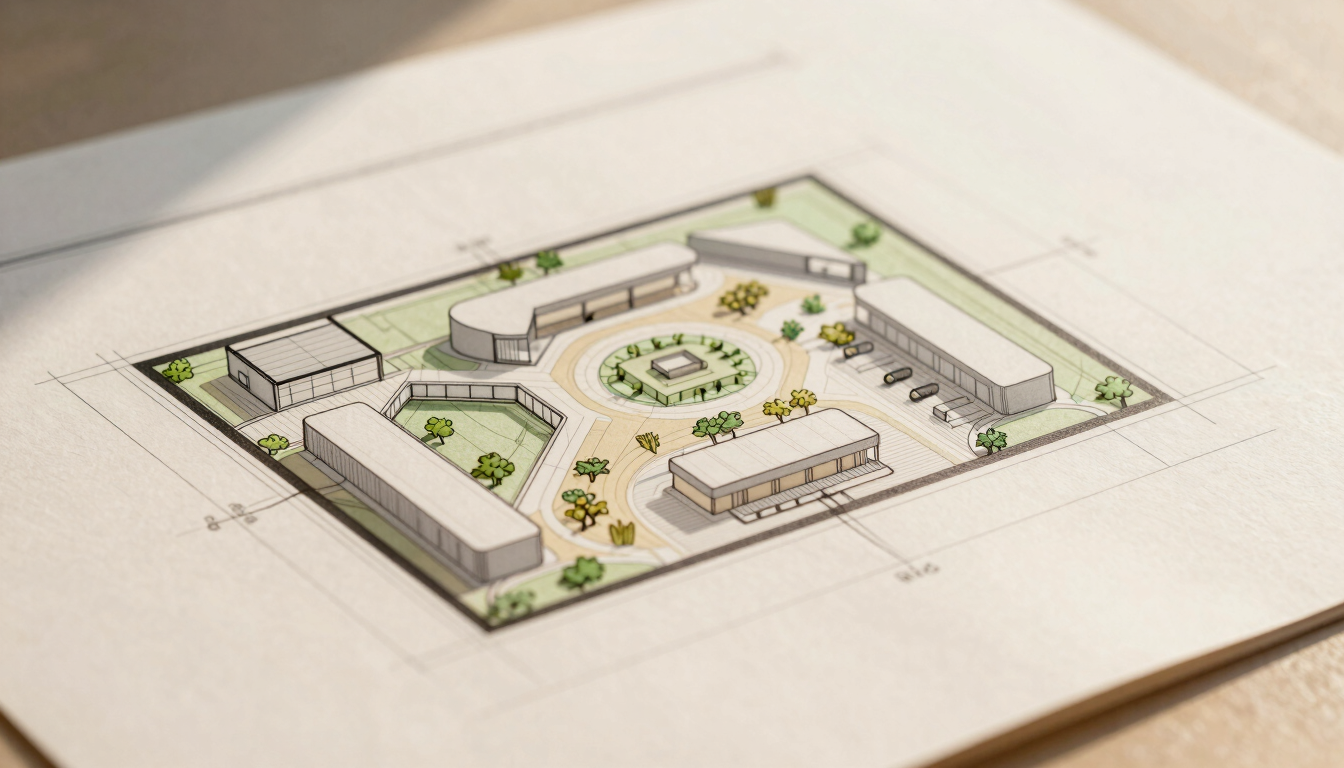 Architectural blueprint of a modern community center layout, clean lines on warm cream paper, structured grid, editorial presentation, shallow depth of field.