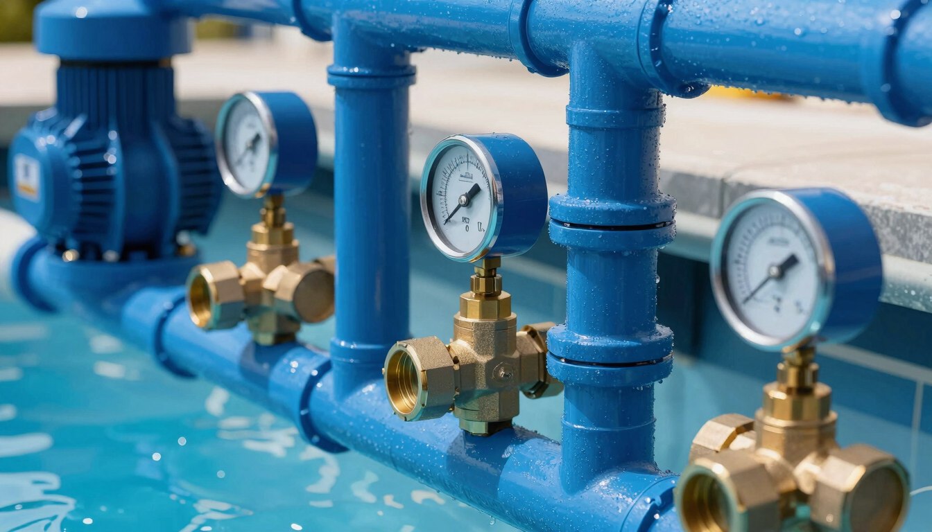 Close-up of a commercial pool pump room, heavy-duty blue PVC pipes, brass valves, flow meters, sharp focus, crisp utility lighting, 35mm
