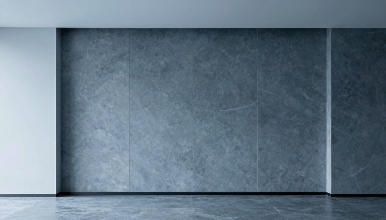 Minimalist corporate workspace with architectural depth, clean lines, cool blue slate tones, professional atmosphere