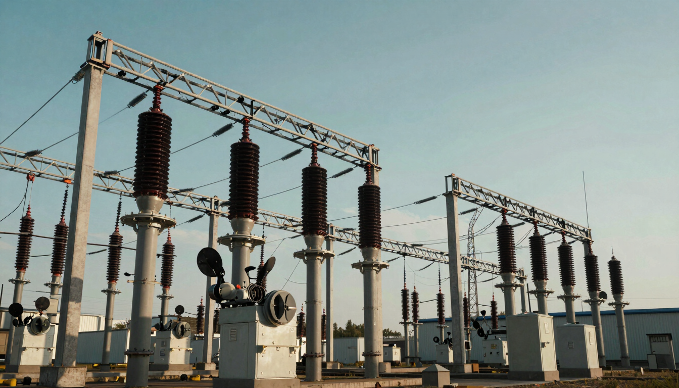 Wide-angle, structured shot of industrial high-voltage distribution infrastructure with cool-toned lighting, emphasizing geometric precision.