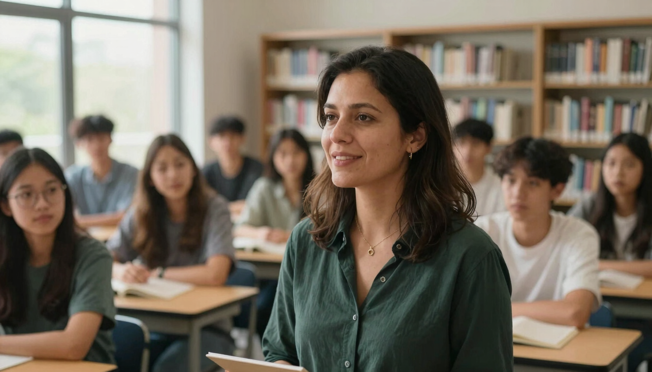 Candid medium portrait of a female author speaking warmly to an engaged audience of teenagers in a modern school library, natural window light, soft focus background.