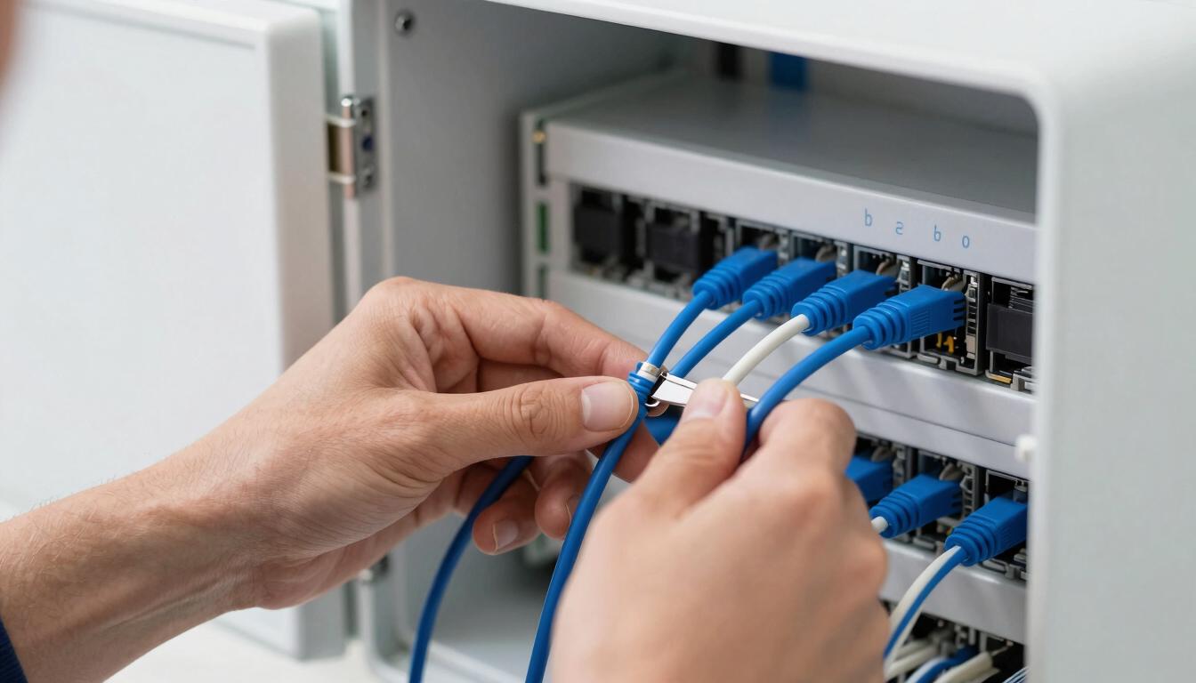 Close-up of a technician's hands carefully splicing a blue fiber optic cable inside a clean, modern white wall box, bright natural daylight, sharp focus, 35mm