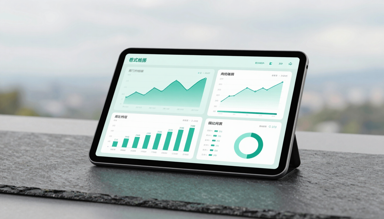 An elegant tablet displaying clean energy consumption dashboards and financial charts, placed on a slate desk, cool overcast natural light, sharp focus