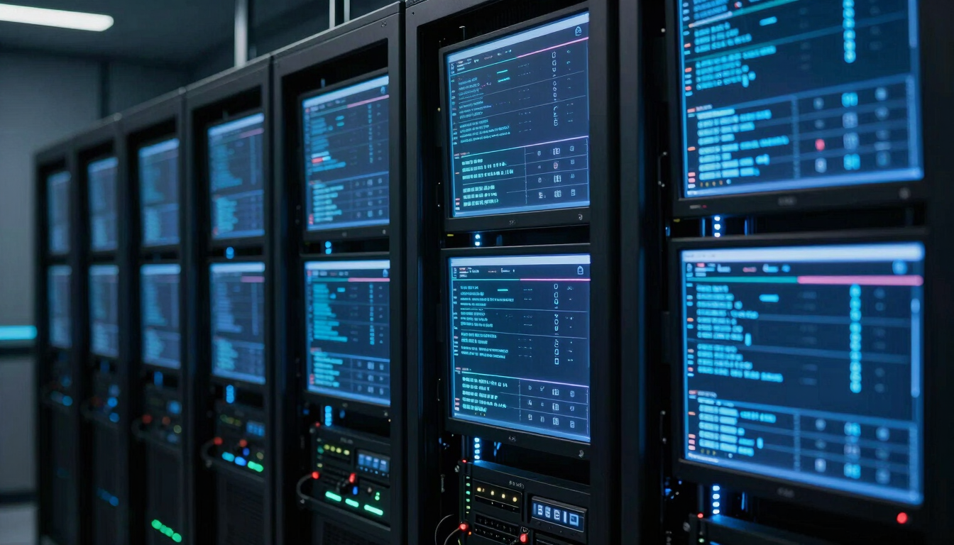 Dark technical photography of a modern data center control room, glowing blue terminal monitors showing system metrics, sharp focus, 50mm.