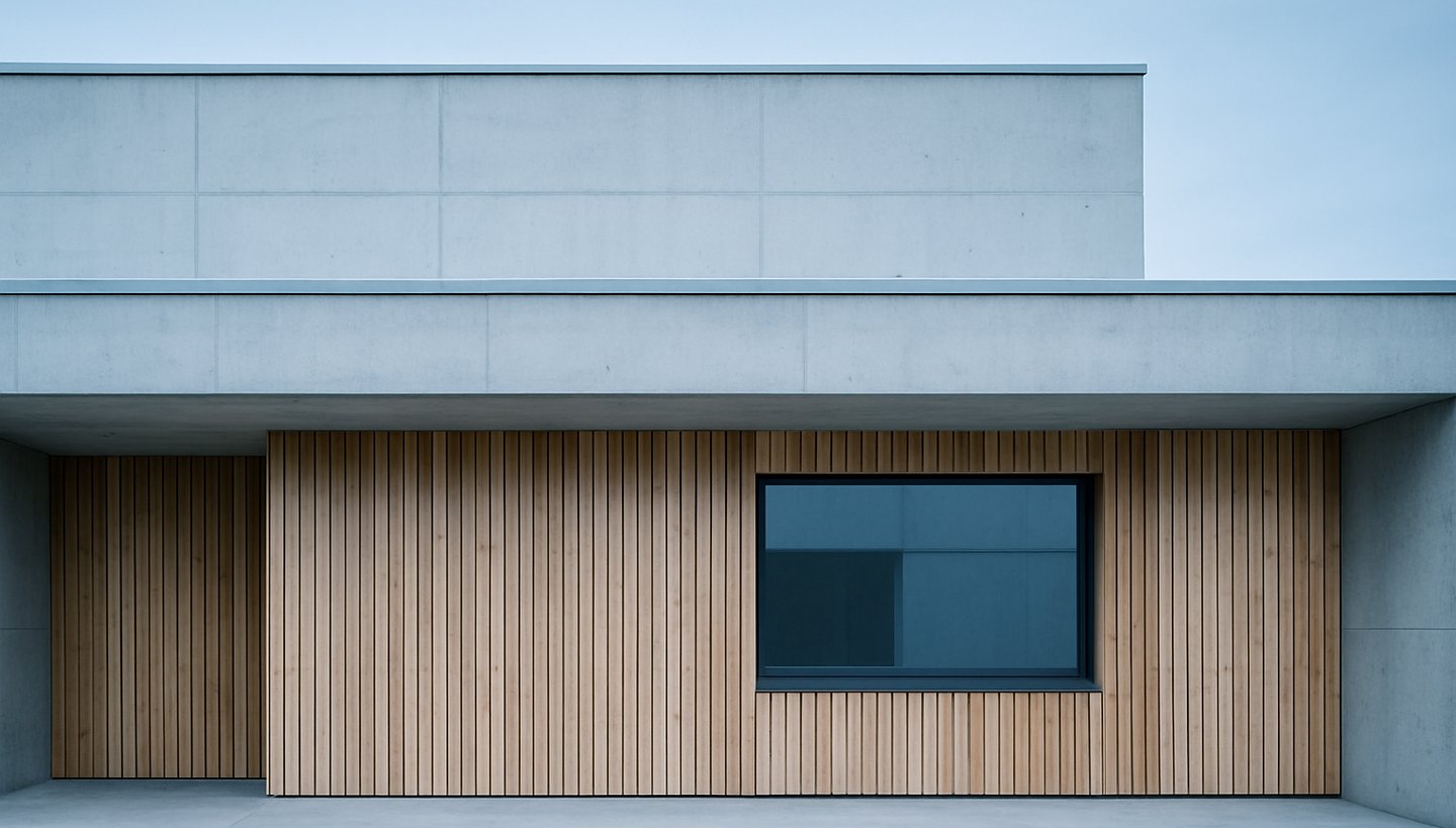 Quiet Finnish architectural lines, modern clean concrete and wood facade under cool northern daylight, minimal composition