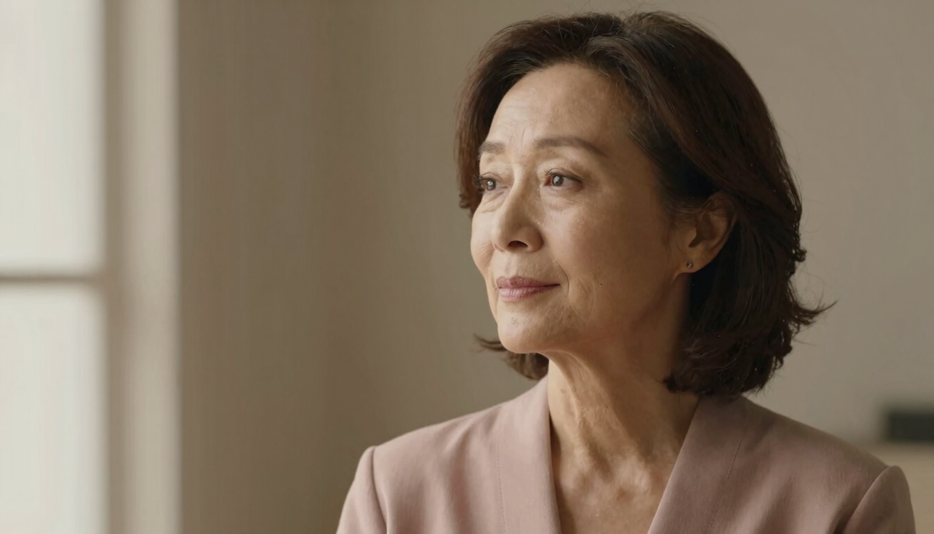 Thoughtful portrait of a mature woman looking away in quiet contemplation, soft window light, warm neutral background, elegant, 35mm
