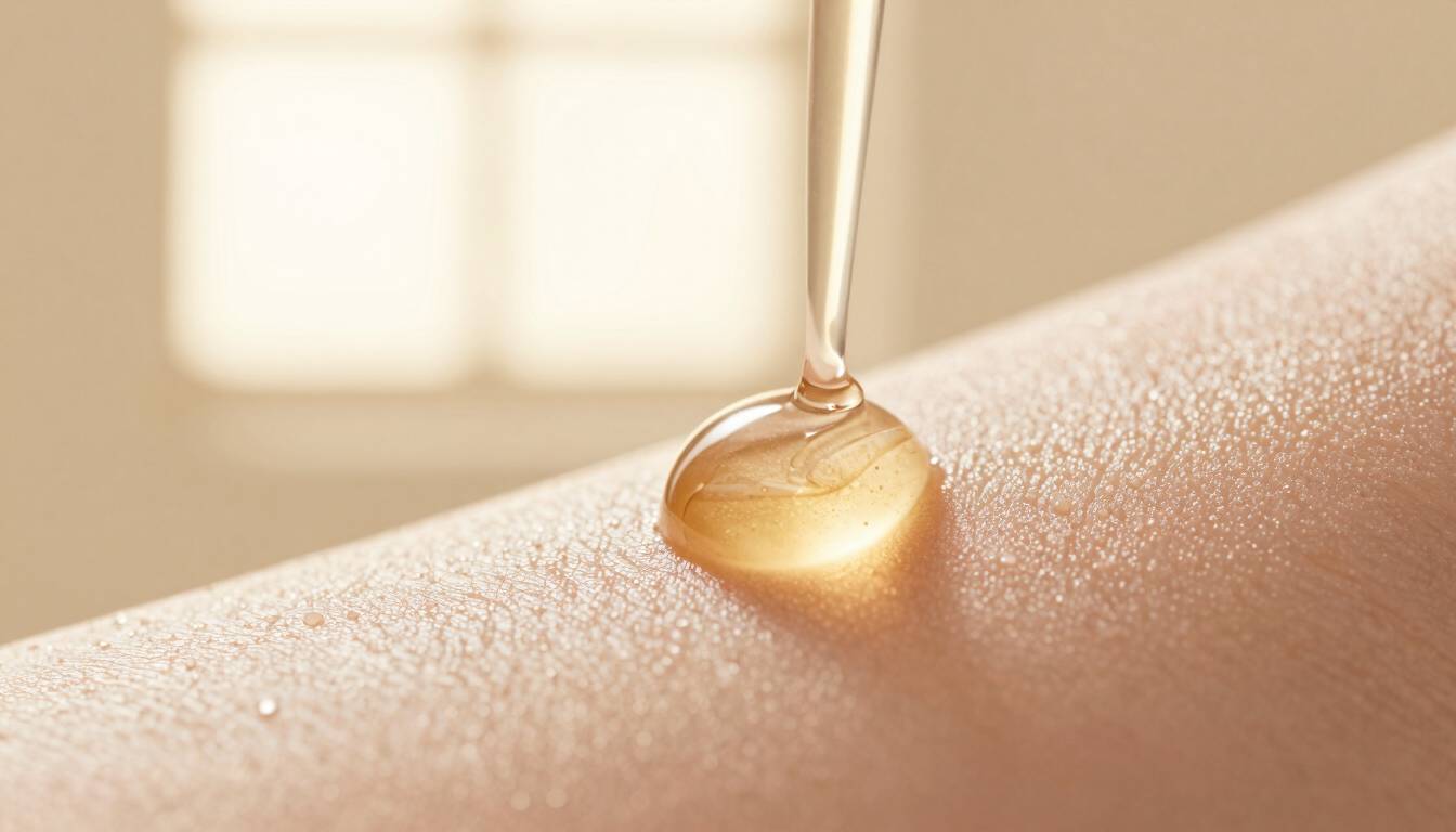 Macro close-up of a clear golden serum droplet on clean skin, soft warm side-lit studio light, elegant beige background.