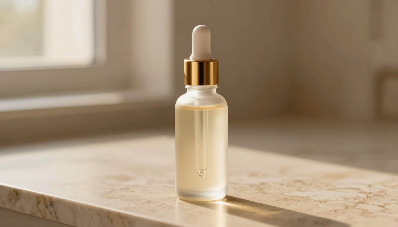 An elegant glass dropper bottle on textured beige marble, soft evening shadows, refined gold accents.