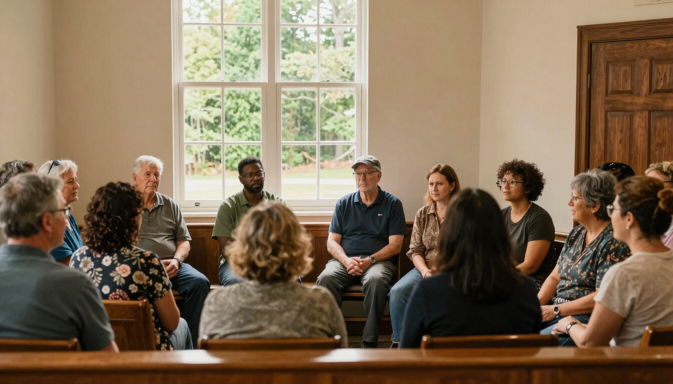 Warm editorial photograph of a diverse community meeting inside a bright North Carolina church hall, natural window light, forest green accents, authentic connection.
