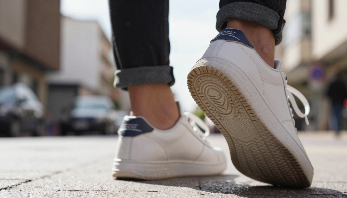 Close-up texture shot of sneaker soles and stitching on a Casablanca street, bright natural daylight