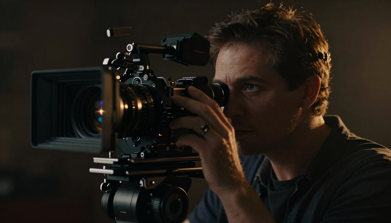 A high-end 35mm cinematic portrait of a director looking through an anamorphic camera viewfinder, dramatic low-key lighting, rich dark shadows, subtle gold light accents.