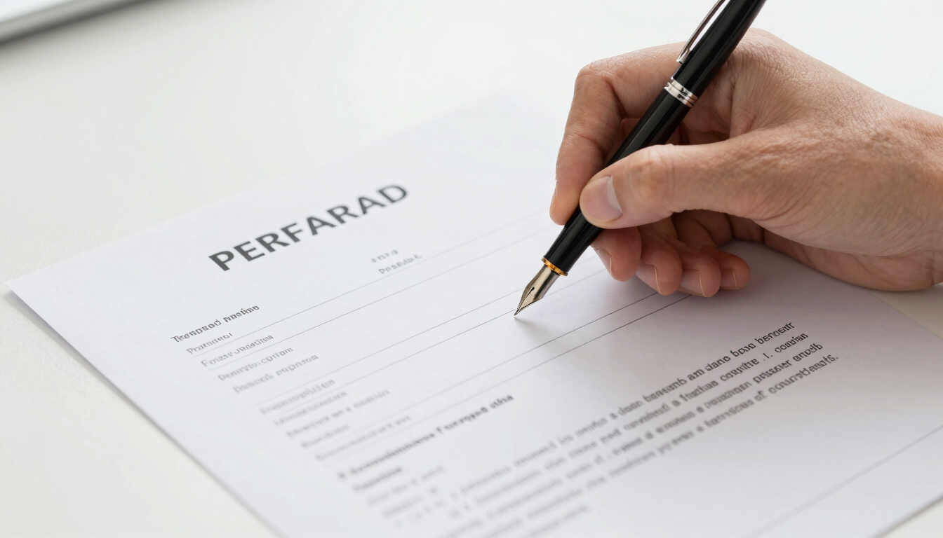 Macro shot of a professional signing official federal transport documents with a fountain pen, clean corporate desk, bright daylight