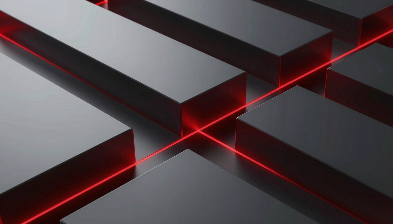 Extreme close-up of dark metallic architectural geometry, sharp crimson light reflecting on steel edges, structured technical grid, sleek 3D render