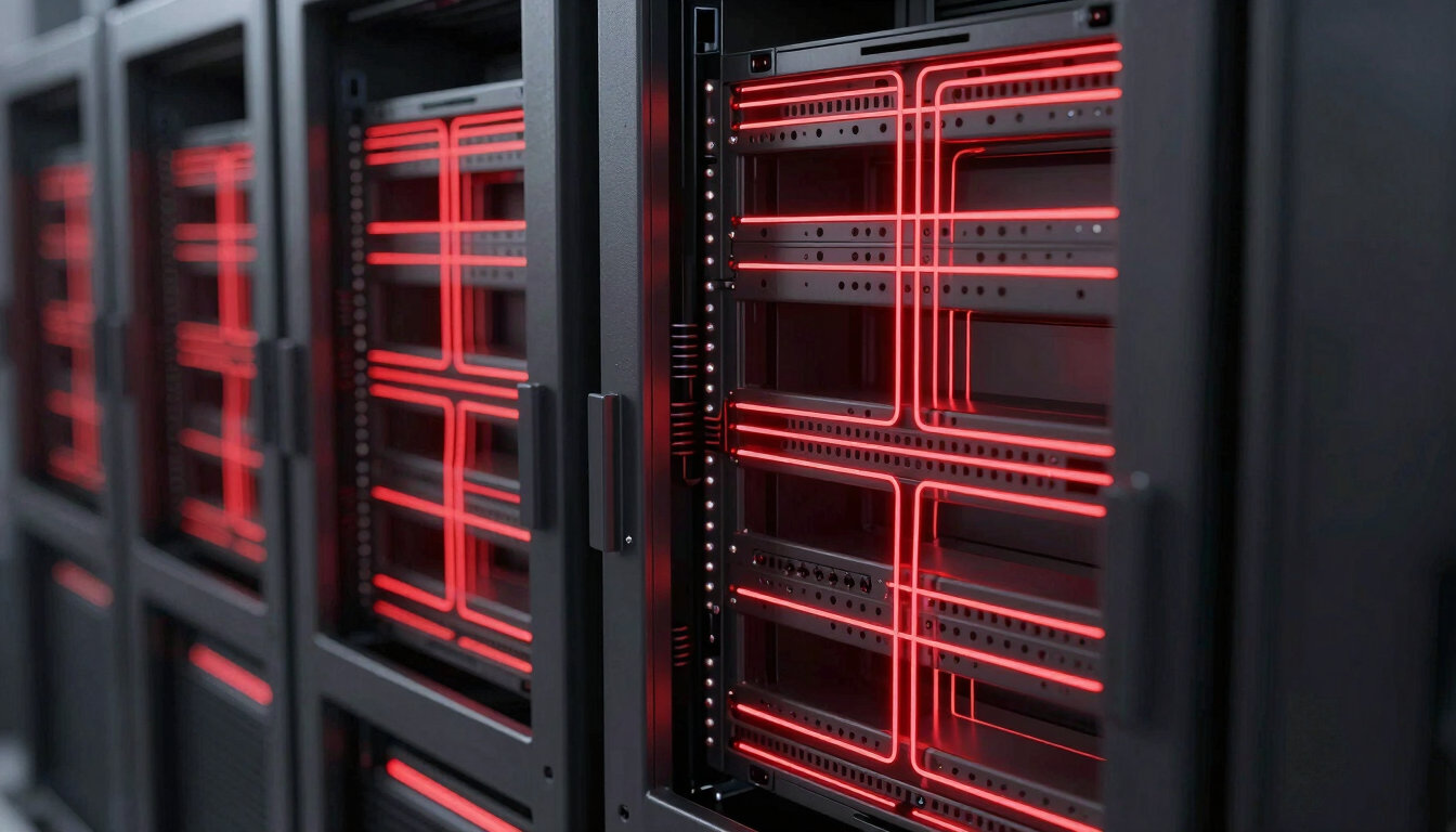 Sleek server rack environment, dark metallic surfaces with glowing red light paths, high contrast, clean technical perspective