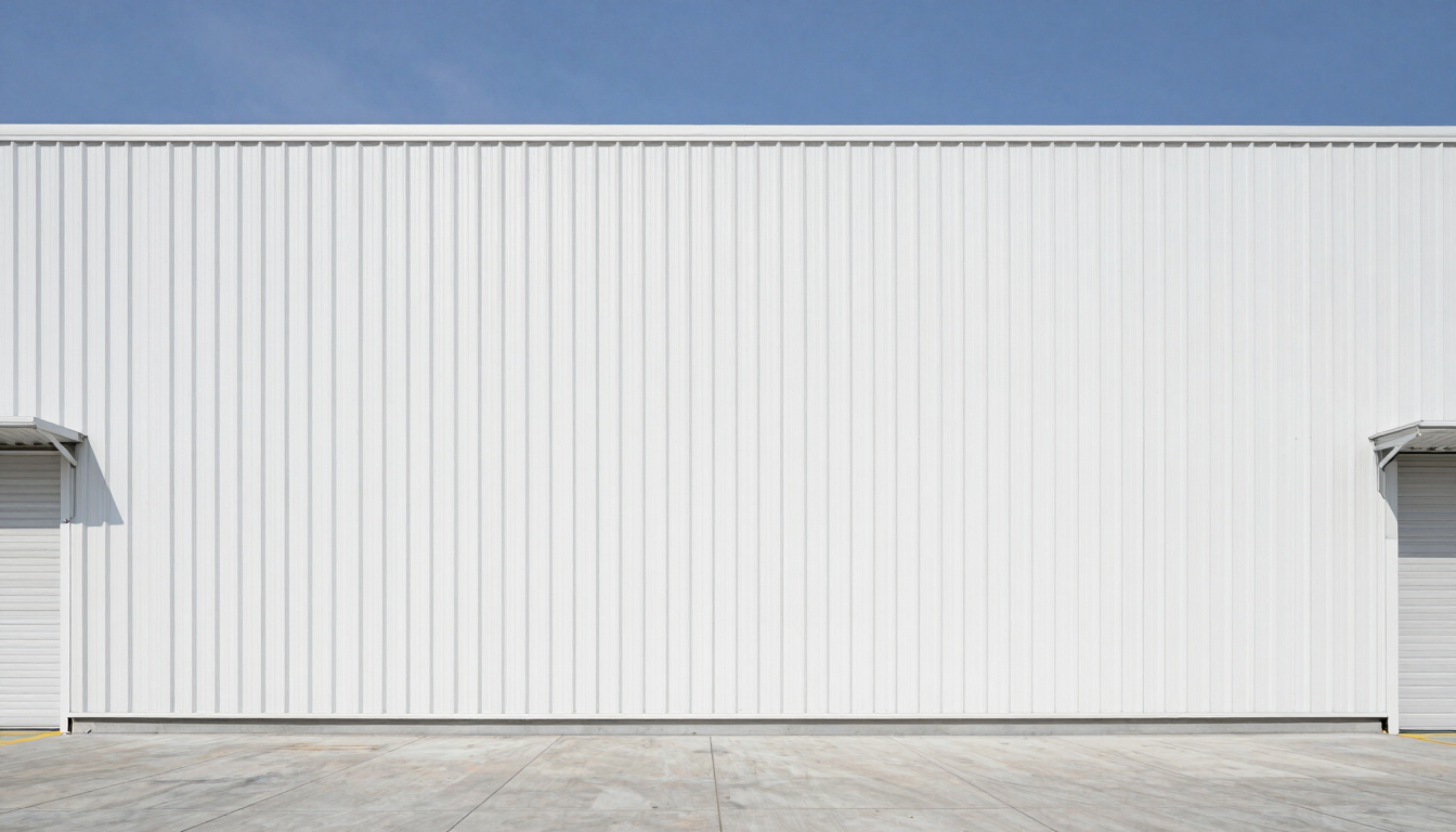 Sharp architectural photograph of a pristine, modern logistics terminal under bright natural daylight, clean high-contrast tones, straight-on medium shot, 35mm lens