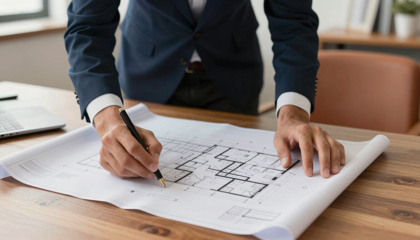 Close-up of hands of architects reviewing architectural blueprints on a wooden table in a well-lit office in Lima, warm corporate editorial photography, sharp focus, 35mm