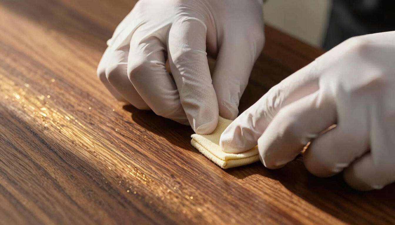 Macro shot of hands in white gloves polishing a rich dark walnut wood surface, golden sunlight catching the grain and highlighting the dust-free, pristine finish.