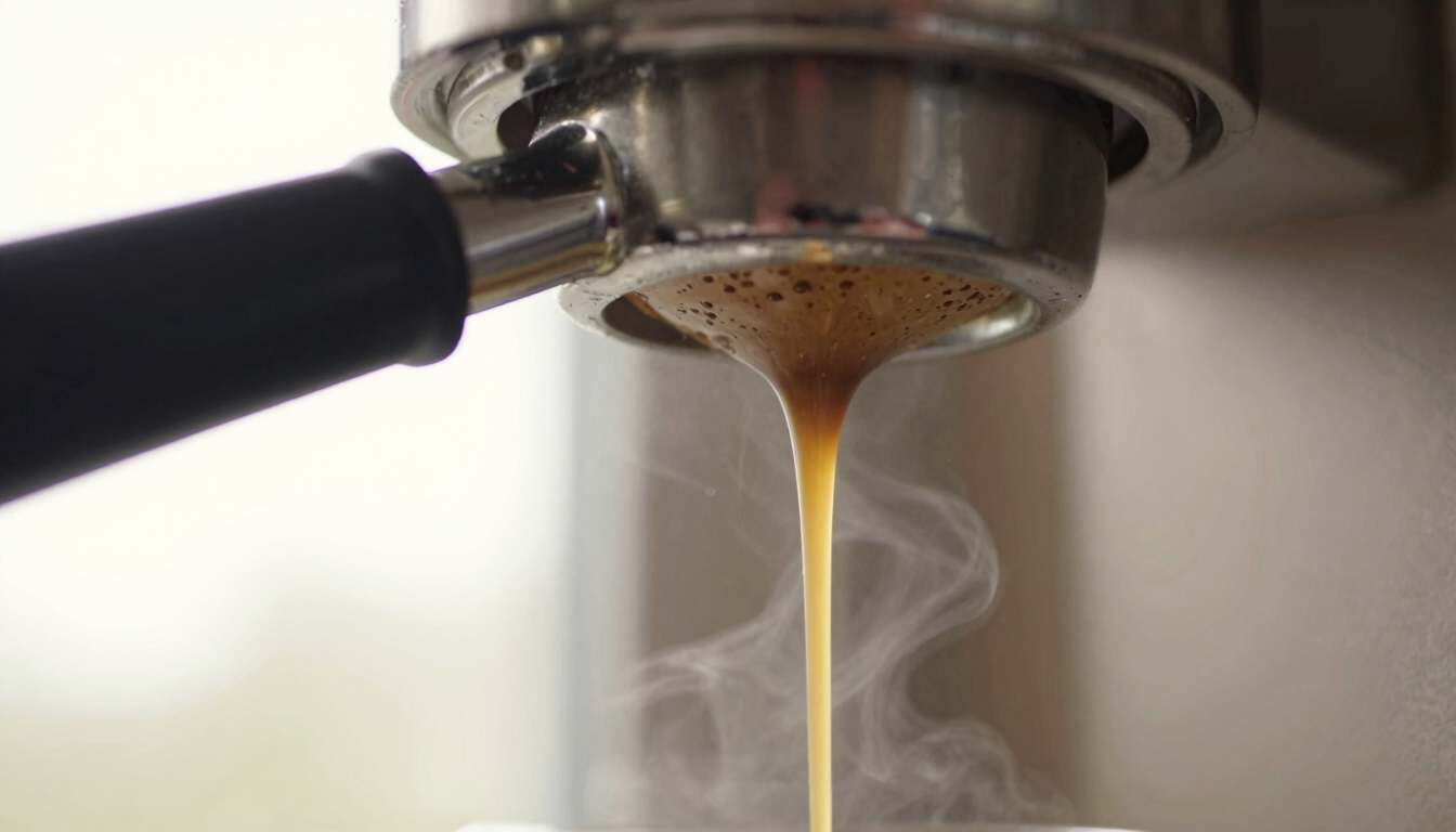 Close-up macro shot of rich, golden espresso dripping from a bottomless portafilter, warm morning window light, steam rising, shallow depth of field.