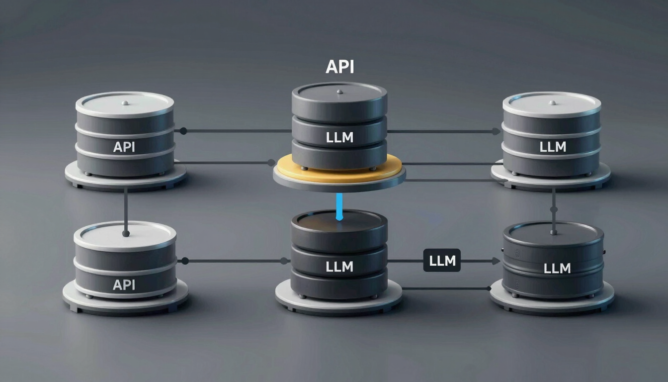 High-contrast technical vector diagram of an AI agent pipeline, showing API nodes, database connections, and LLM orchestration layers, clean slate-gray background.