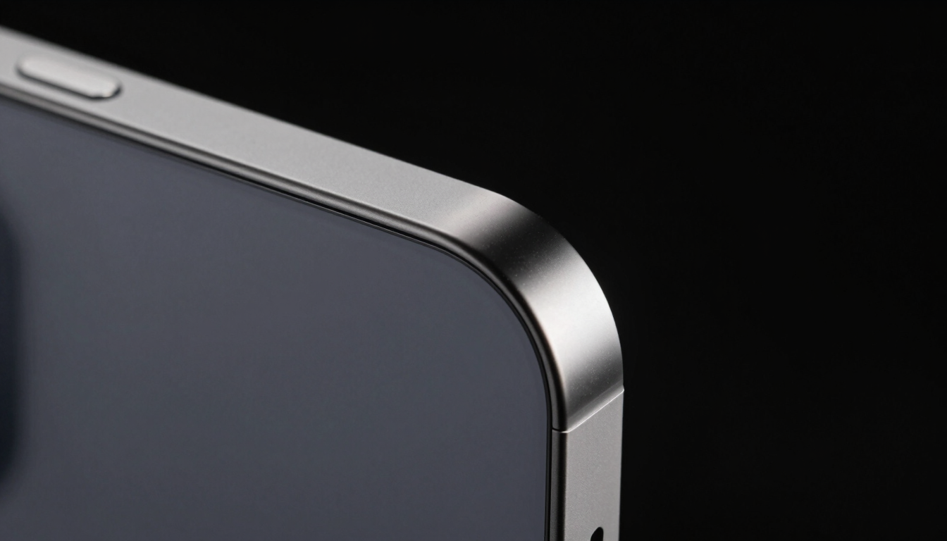 Extreme studio macro close-up of a BAZOVI case corner, highlighting the ultra-slim profile and the seamless 0.01mm fit against the iPhone Pro titanium bezel, sharp rim lighting, pitch-black background