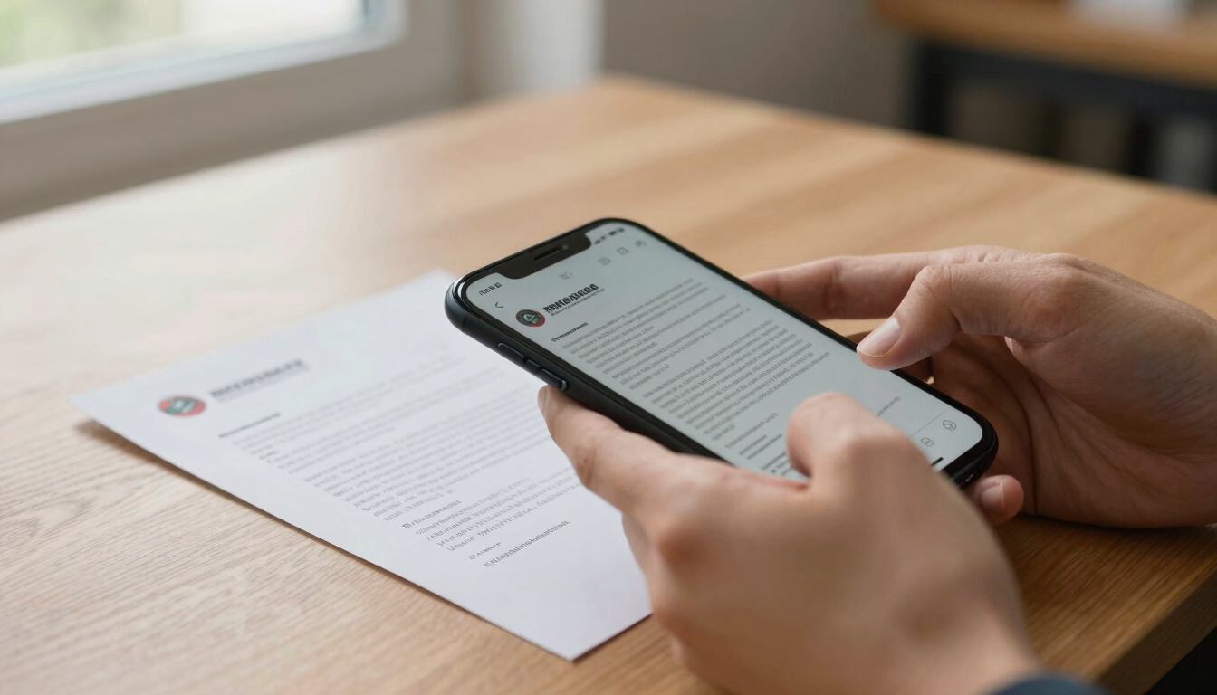 Close-up of hands holding a smartphone over an official German letter on a wooden table, capturing a clear photo, bright natural window light, focused and sharp.