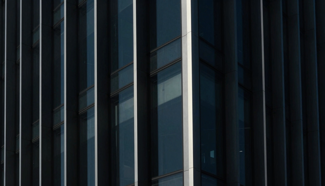 Minimalist architectural glass facade in Padova, sharp linear patterns, deep navy and black shadows, crisp white reflections, cinematic 35mm lens.