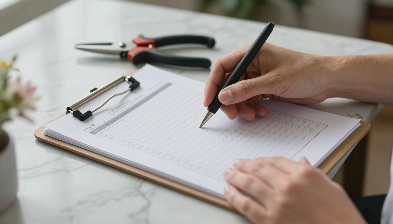 Close-up shot of hands organizing a clean clipboard with a printed logistics spreadsheet next to floral shears on a marble table, soft daylight.