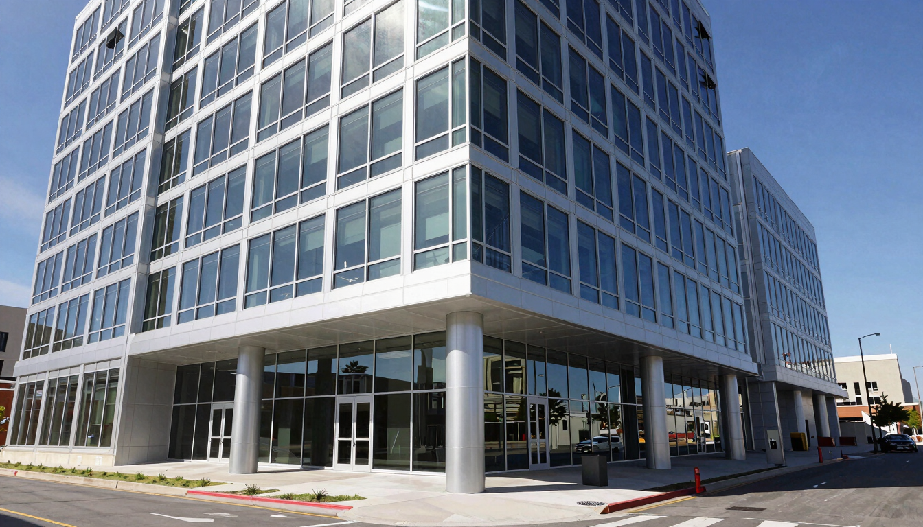 Wide-angle architectural view of a modern steel and glass commercial office building in Lehi, Utah, under bright daylight with sharp geometric shadows.