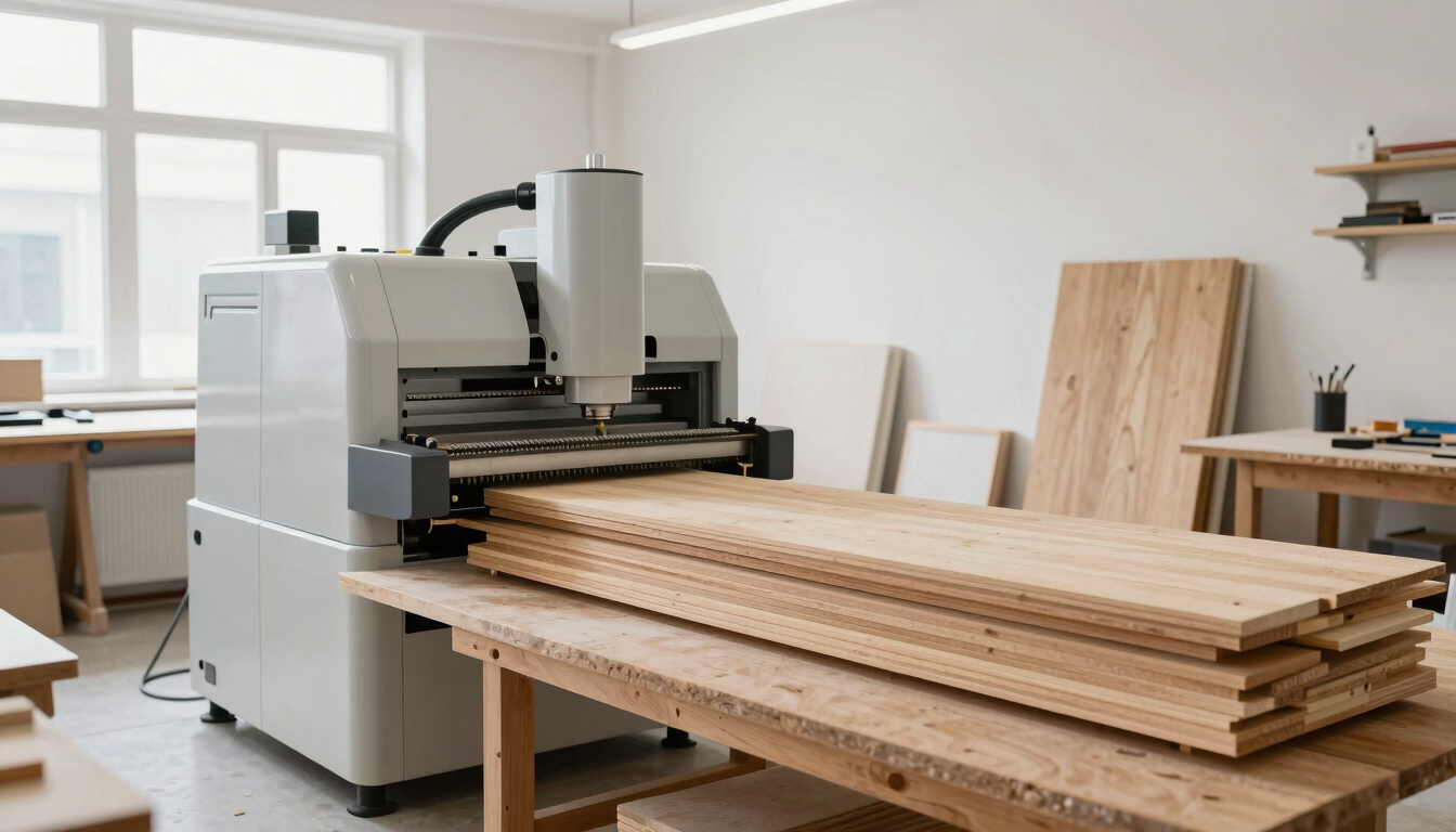 Bright daylight-filled architectural workshop environment, clean modern milling machinery, warm wood planks stacked neatly, sharp focus, 35mm