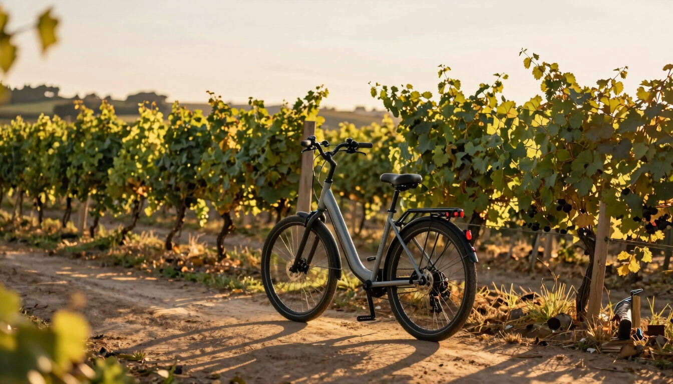 A premium step-through e-bike parked beside a lush grape vineyard at golden hour, warm afternoon sun casting long shadows, 35mm editorial style.