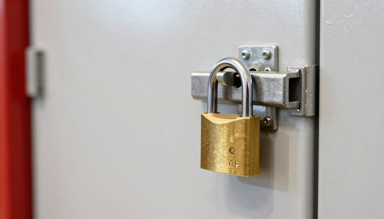 Close-up of a heavy-duty brass padlock securing a metal storage unit latch, pristine steel door surface, bright indoor lighting, sharp focus on the lock mechanism, architectural 35mm.